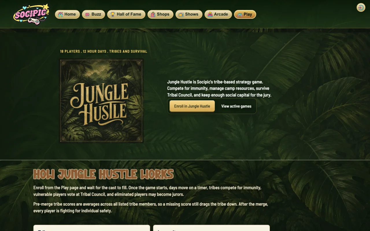 Jungle Hustle game page showing its 18-player format, enrollment button, and tribe-based gameplay overview