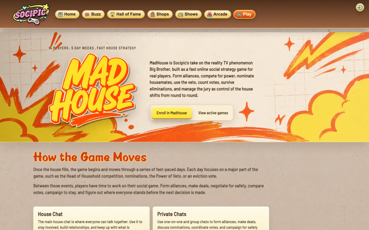 MadHouse game page showing its 14-player format, enrollment button, and house-strategy gameplay overview